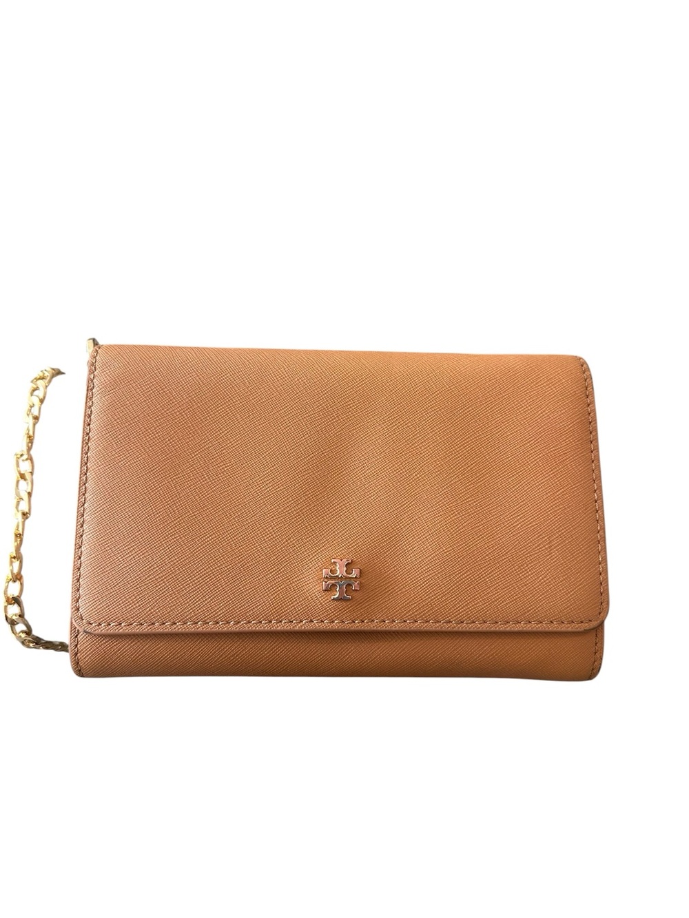 Tory Burch Tan Leather Crossbody Wallet with Gold Chain